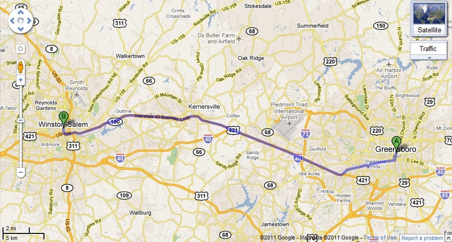 Greensboro to Winston-Salem direction map